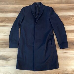 COS Mens Navy Blue Wool Blend Overcoat 36R 3 Button Single Breasted Warm Winter